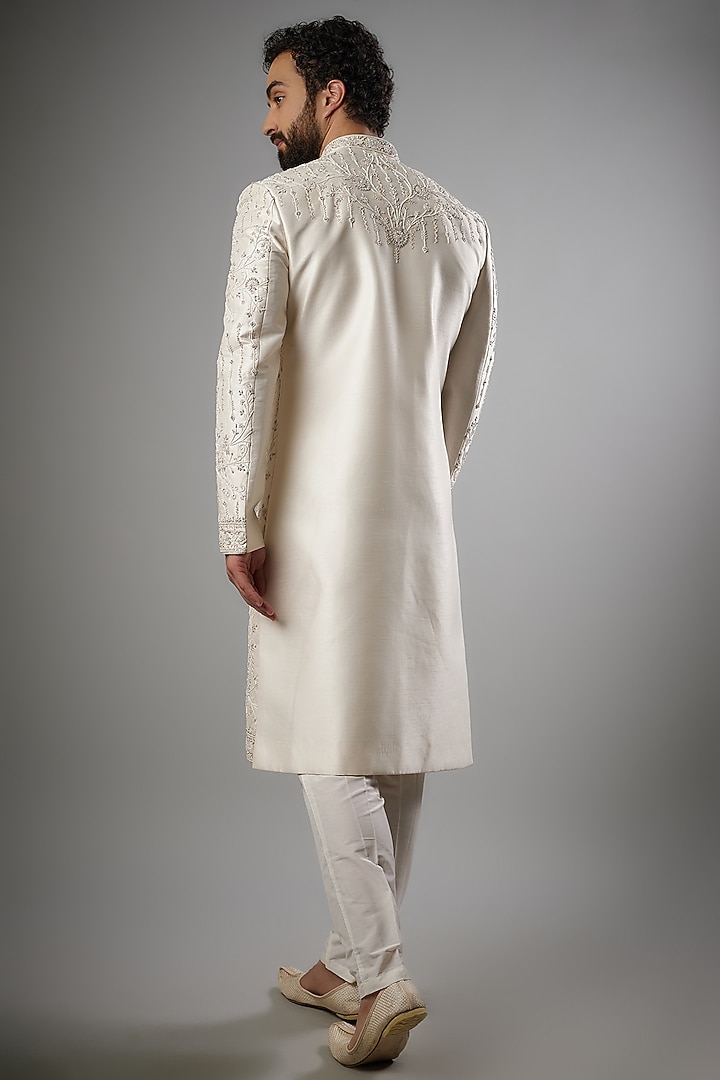 Pearl White Mulberry Slub Silk Embroidered Groom Sherwani Set by PARV DESIGN STUDIO at Pernia's Pop Up Shop