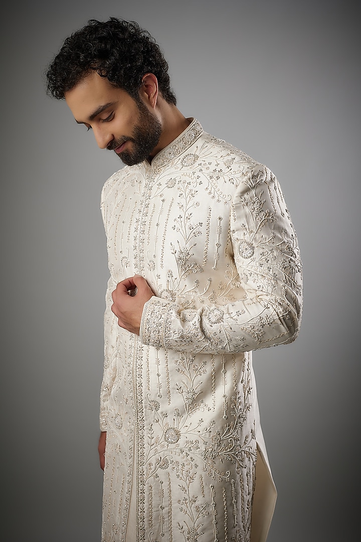 Pearl White Mulberry Slub Silk Embroidered Groom Sherwani Set by PARV DESIGN STUDIO at Pernia's Pop Up Shop