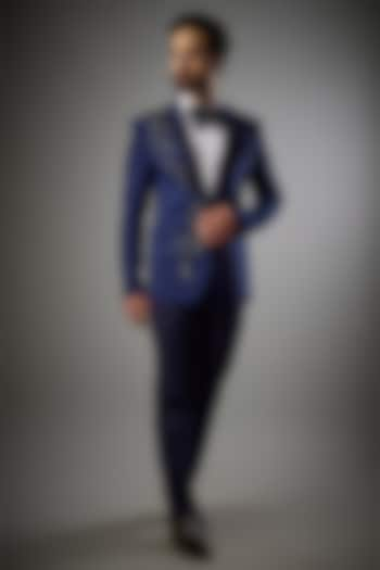 Royal Blue Japanese Fabric Embroidered Tuxedo Set by PARV DESIGN STUDIO at Pernia's Pop Up Shop