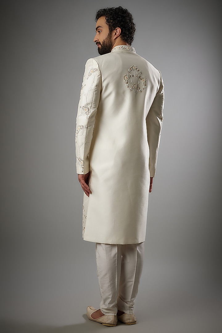 White Mulberry Slub Silk Embroidered Wedding Sherwani Set by PARV DESIGN STUDIO at Pernia's Pop Up Shop