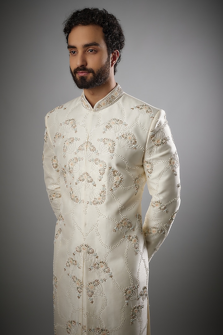 White Mulberry Slub Silk Embroidered Wedding Sherwani Set by PARV DESIGN STUDIO at Pernia's Pop Up Shop