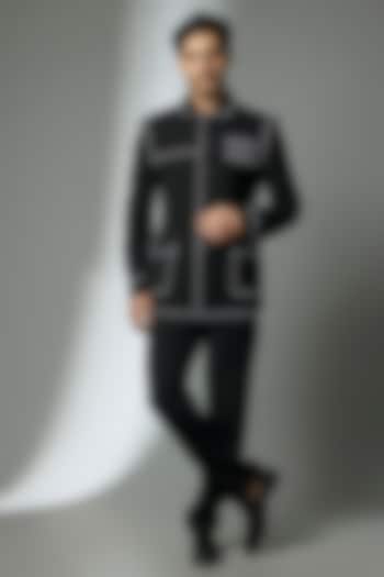 Black Suiting Crepe Chawal Taka Embroidered Bandhgala Set by PARV DESIGN STUDIO at Pernia's Pop Up Shop