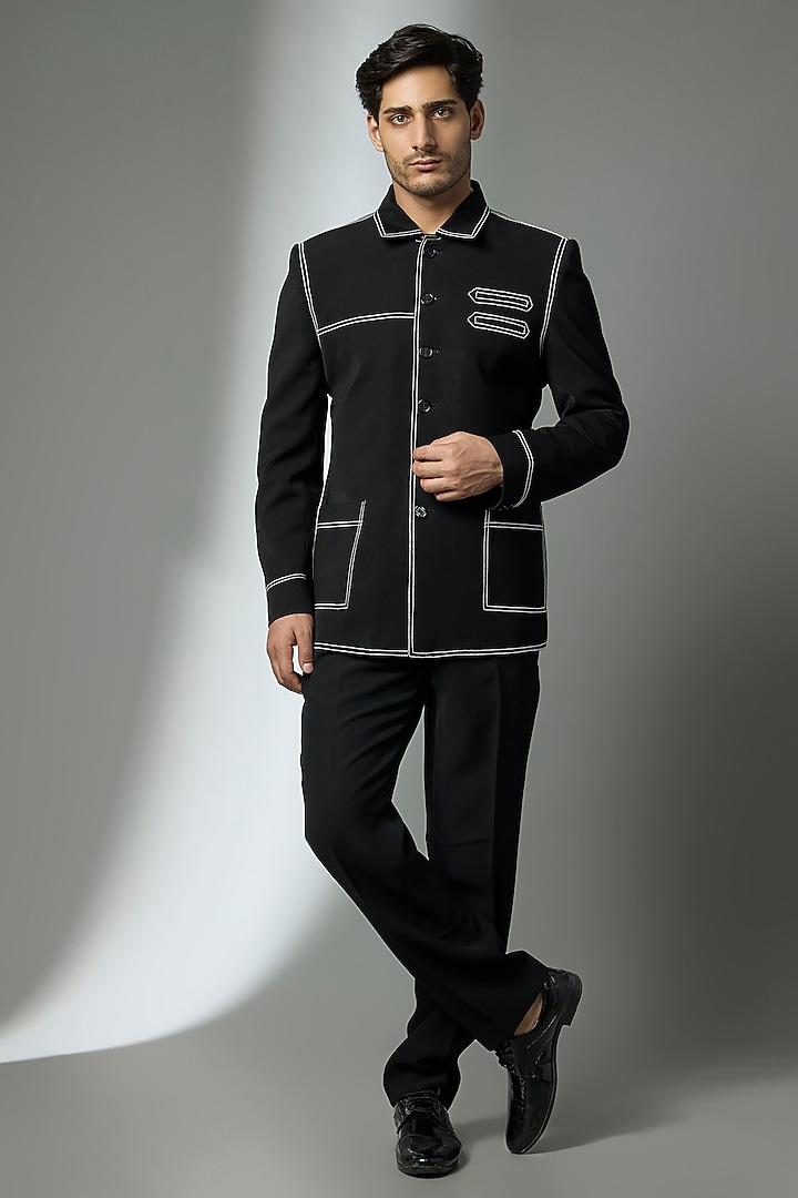 Black Suiting Crepe Chawal Taka Embroidered Bandhgala Set by PARV DESIGN STUDIO at Pernia's Pop Up Shop