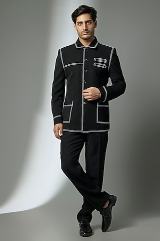 Black Suiting Crepe Chawal Taka Embroidered Bandhgala Set by PARV DESIGN STUDIO