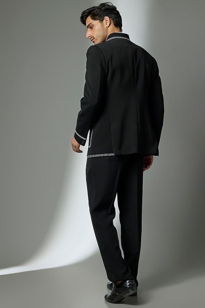 Black Suiting Crepe Chawal Taka Embroidered Bandhgala Set by PARV DESIGN STUDIO at Pernia's Pop Up Shop
