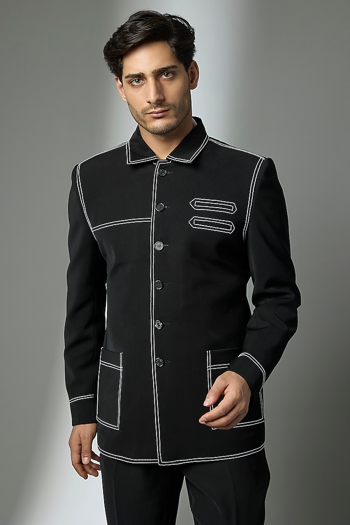 Black Suiting Crepe Chawal Taka Embroidered Bandhgala Set by PARV DESIGN STUDIO at Pernia's Pop Up Shop