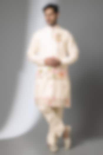 Cream Silk Floral Printed & Hand Embroidered Bundi Jacket Set by PARV DESIGN STUDIO at Pernia's Pop Up Shop
