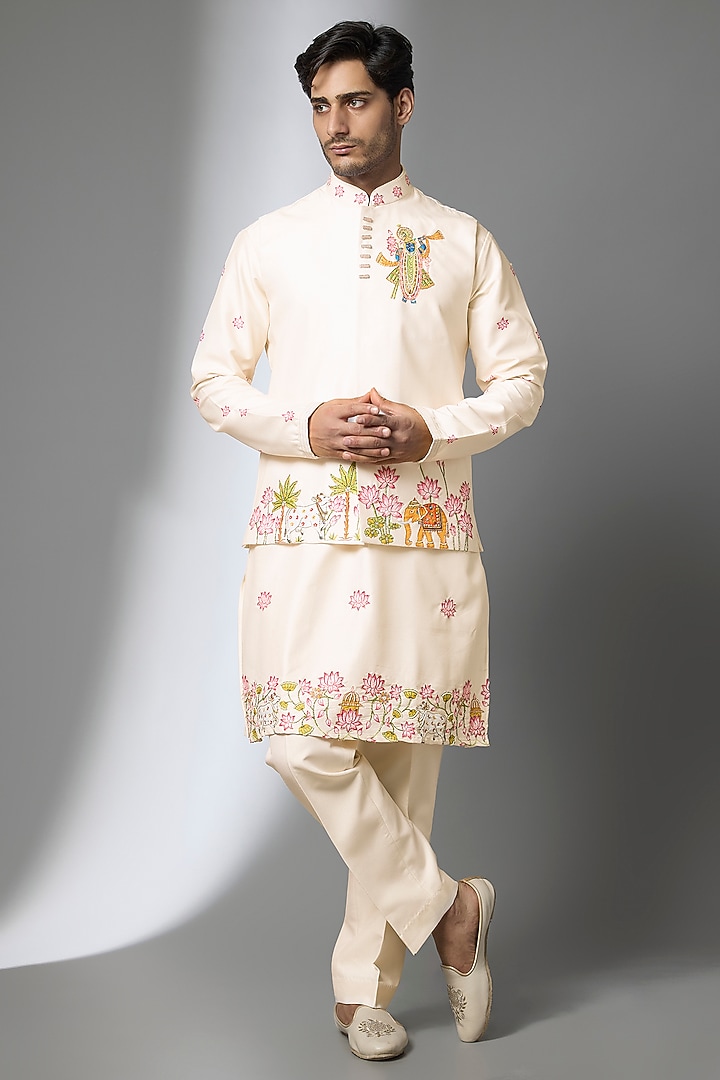 Cream Silk Floral Printed & Hand Embroidered Bundi Jacket Set by PARV DESIGN STUDIO at Pernia's Pop Up Shop