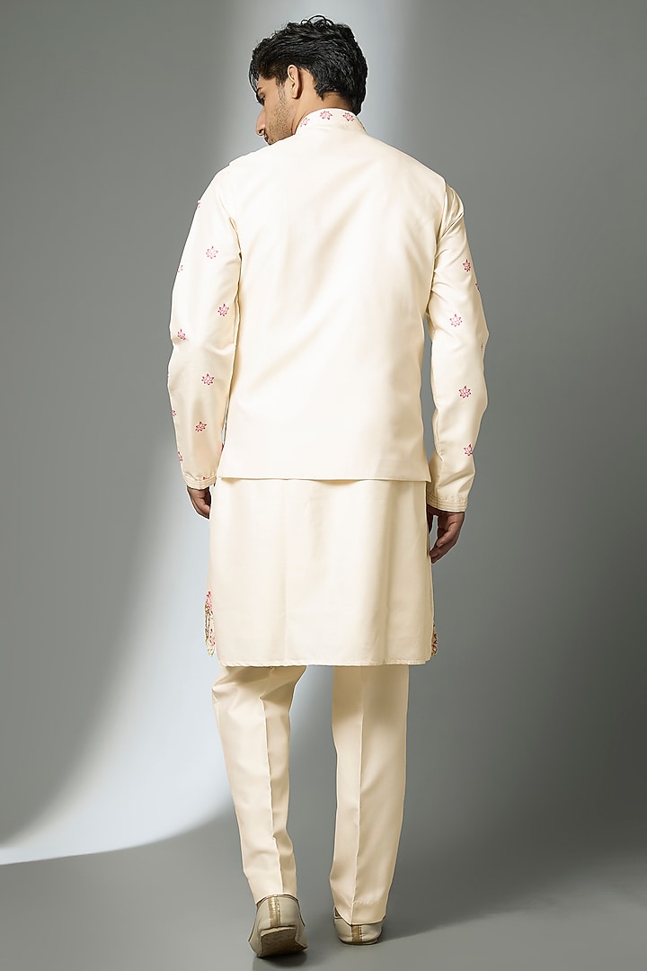 Cream Silk Floral Printed & Hand Embroidered Bundi Jacket Set by PARV DESIGN STUDIO at Pernia's Pop Up Shop