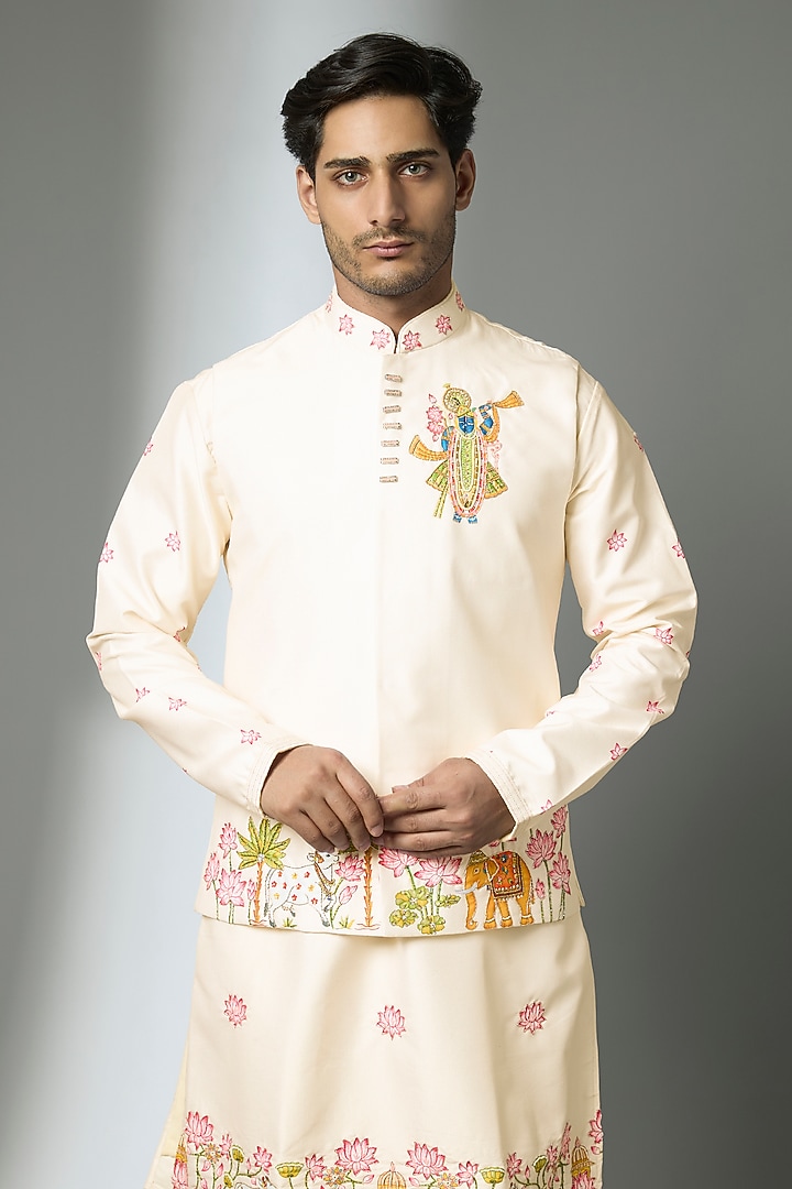 Cream Silk Floral Printed & Hand Embroidered Bundi Jacket Set by PARV DESIGN STUDIO at Pernia's Pop Up Shop
