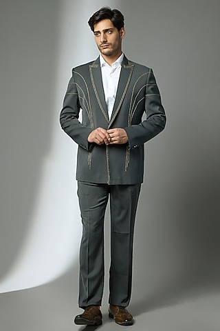 Sage Green Suiting Crepe Chawal Taka Embroidered Blazer Set by PARV DESIGN STUDIO