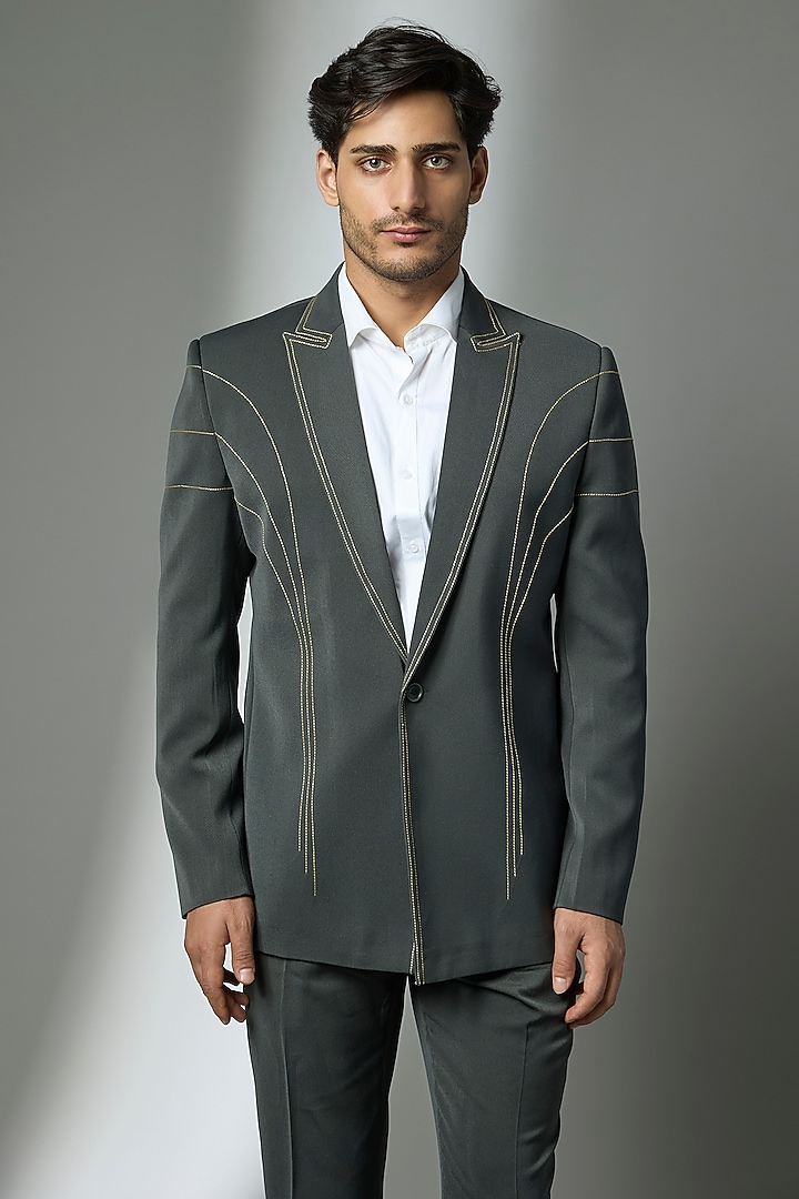 Sage Green Suiting Crepe Chawal Taka Embroidered Blazer Set by PARV DESIGN STUDIO at Pernia's Pop Up Shop