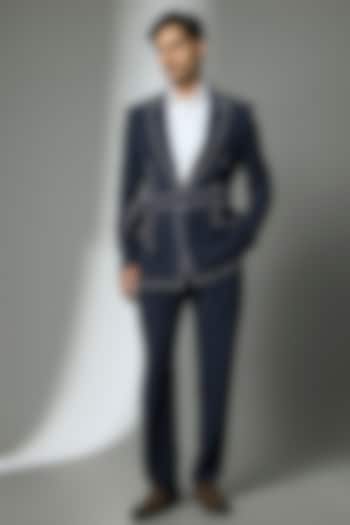 Blue Suiting Crepe Chawal Taka Embroidered Robe Jacket Set by PARV DESIGN STUDIO at Pernia's Pop Up Shop