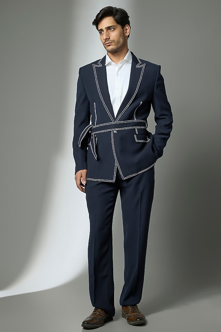 Blue Suiting Crepe Chawal Taka Embroidered Robe Jacket Set by PARV DESIGN STUDIO at Pernia's Pop Up Shop