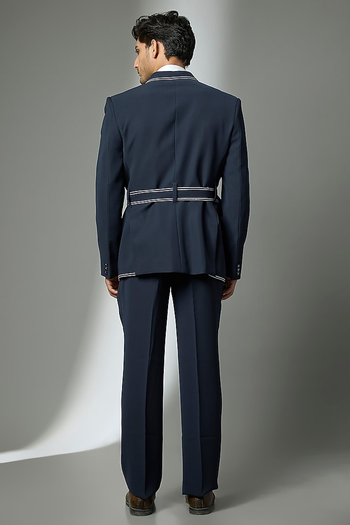 Blue Suiting Crepe Chawal Taka Embroidered Robe Jacket Set by PARV DESIGN STUDIO at Pernia's Pop Up Shop