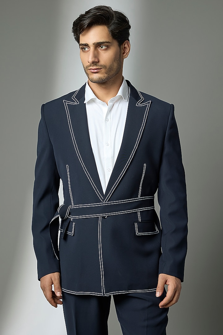 Blue Suiting Crepe Chawal Taka Embroidered Robe Jacket Set by PARV DESIGN STUDIO at Pernia's Pop Up Shop