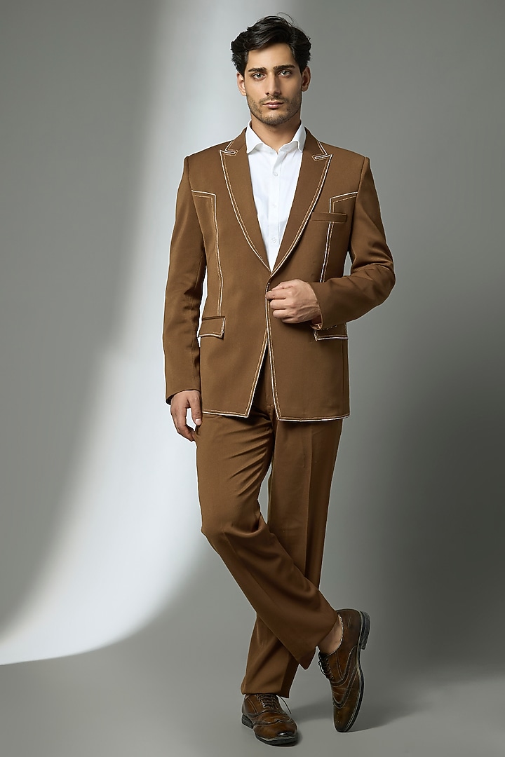 Ochre Suiting Crepe Chawal Taka Embroidered Blazer Set by PARV DESIGN STUDIO at Pernia's Pop Up Shop