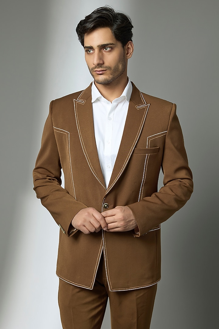 Ochre Suiting Crepe Chawal Taka Embroidered Blazer Set by PARV DESIGN STUDIO at Pernia's Pop Up Shop