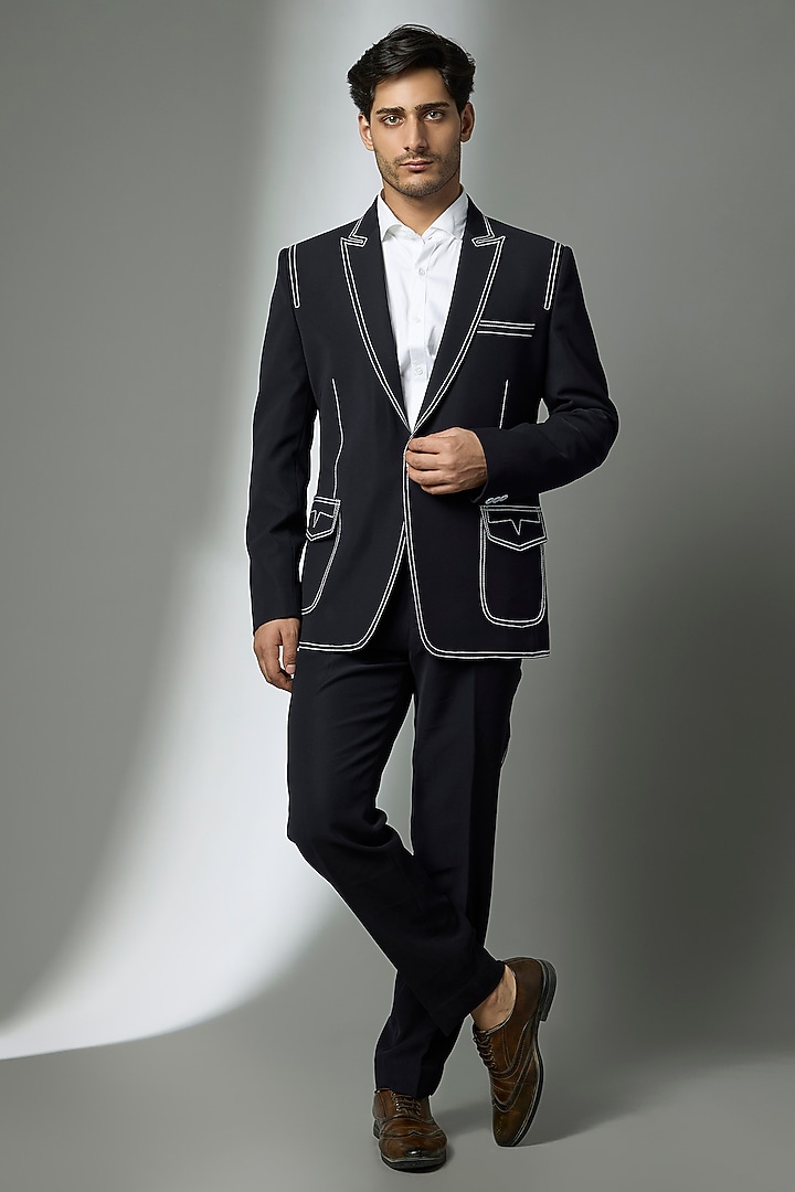 Deep Navy Suiting Crepe Chawal Taka Embroidered Blazer Set by PARV DESIGN STUDIO at Pernia's Pop Up Shop