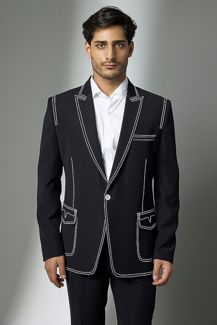 Deep Navy Suiting Crepe Chawal Taka Embroidered Blazer Set by PARV DESIGN STUDIO at Pernia's Pop Up Shop