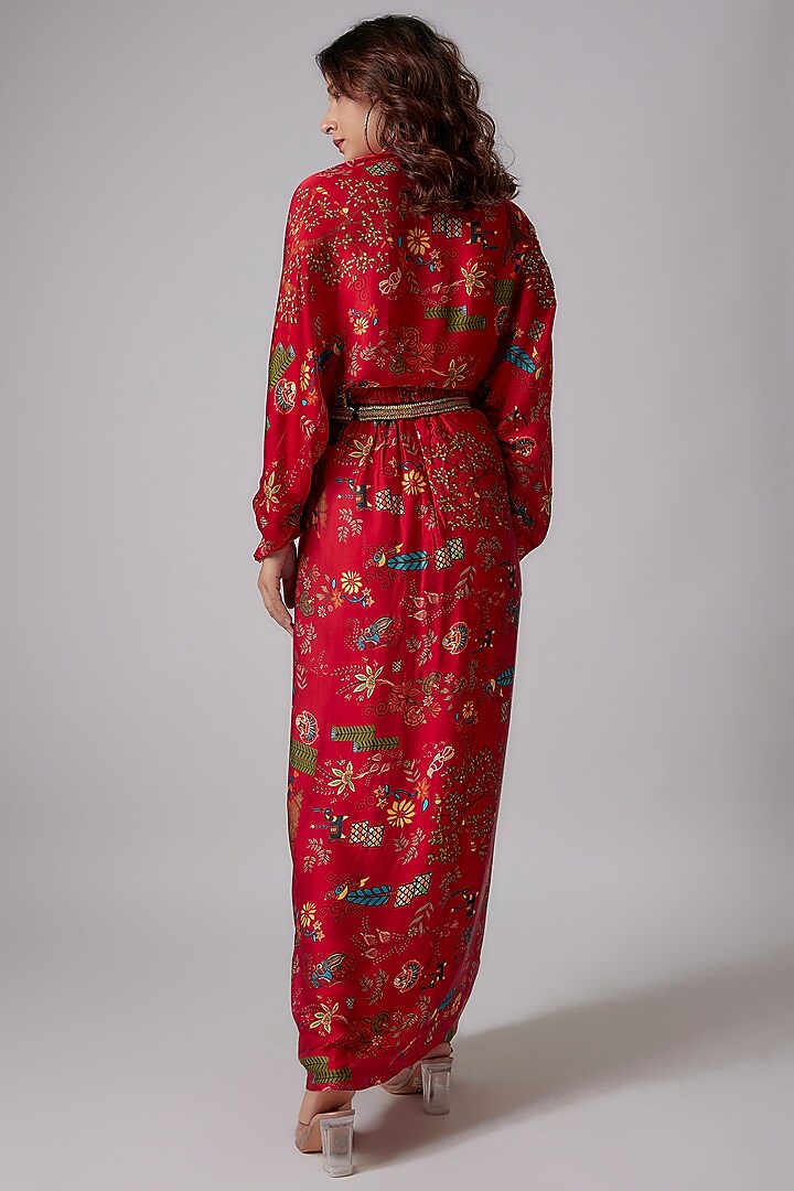 Red Satin Printed Skirt Set by PDS by Sneha at Pernia's Pop Up Shop
