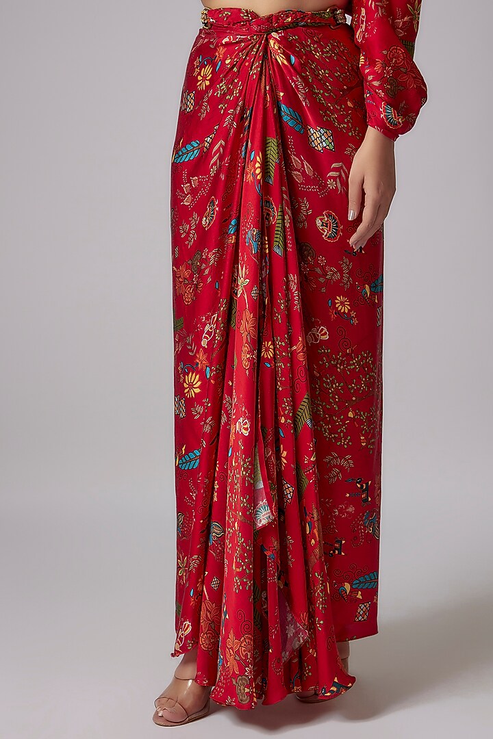 Red Satin Printed Skirt Set by PDS by Sneha at Pernia's Pop Up Shop