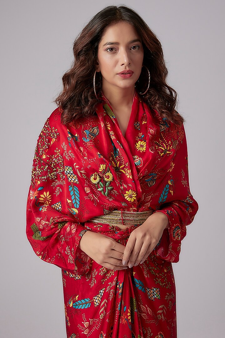 Red Satin Printed Skirt Set by PDS by Sneha at Pernia's Pop Up Shop