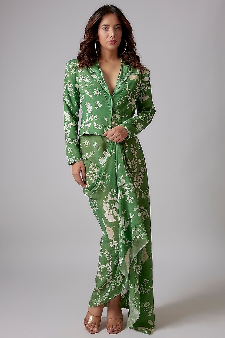 Green Crepe & Silk Printed Skirt Set by PDS by Sneha