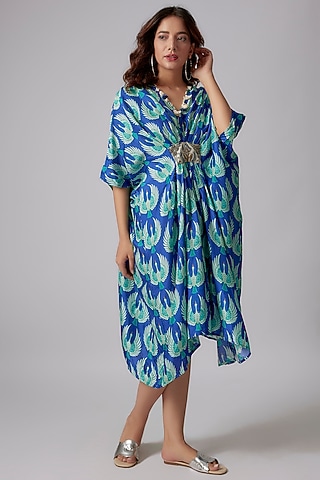 Blue Crepe Printed Kaftan Dress by PDS by Sneha