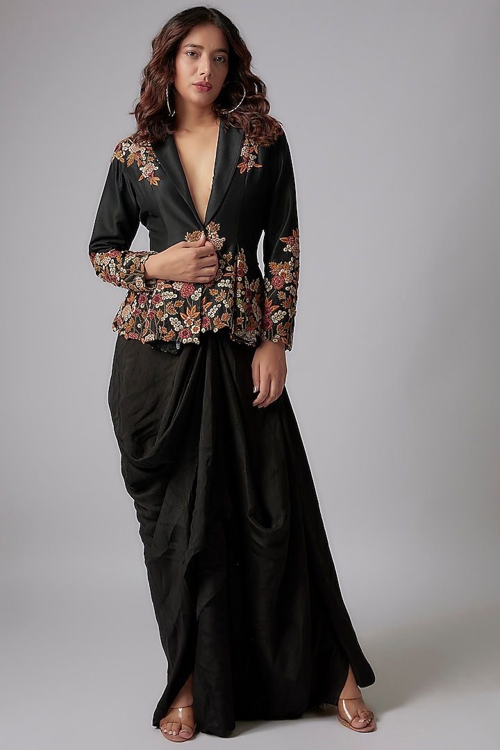 Black Silk Hand Embroidered Jacket by PDS by Sneha