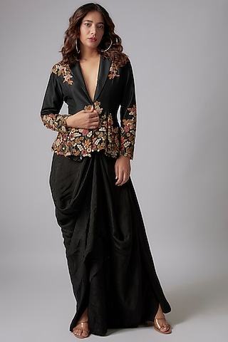 Black Silk Hand Embroidered Jacket by PDS by Sneha