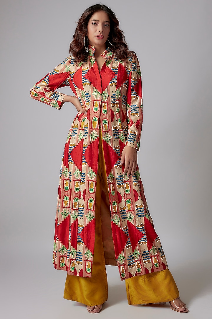 Multi-Colored Crepe Hand Embroidered Long Jacket by PDS by Sneha
