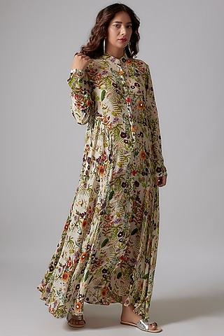 Multi-Colored Crepe Hand Embroidered & Printed Dress by PDS by Sneha