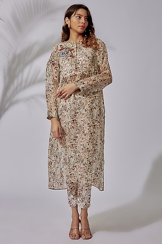 Ivory Organza Floral Printed Kurta Set by PDS by Sneha