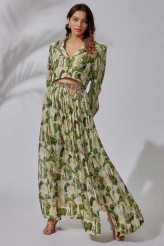 Ivory Organza & Cotton Lycra Printed Wrapped Skirt Set by PDS by Sneha