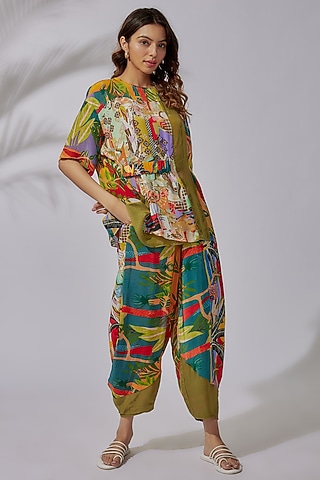 Multi-Colored Organza & Crepe Printed Dhoti Set by PDS by Sneha