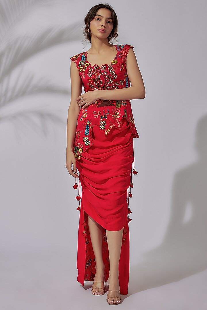 Red Satin & Georgette Skirt Set by PDS by Sneha