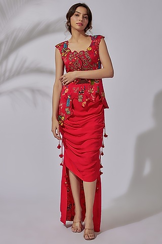Red Satin & Georgette Skirt Set by PDS by Sneha