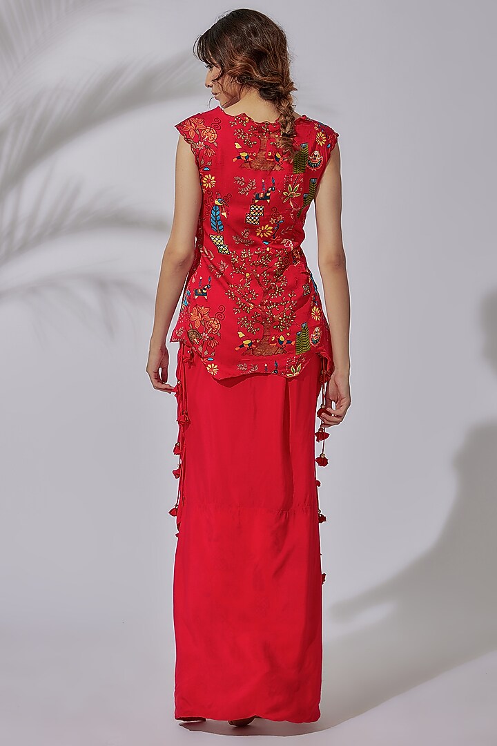 Red Satin & Georgette Skirt Set by PDS by Sneha at Pernia's Pop Up Shop