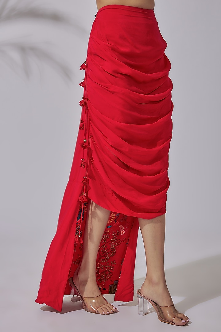 Red Satin & Georgette Skirt Set by PDS by Sneha at Pernia's Pop Up Shop