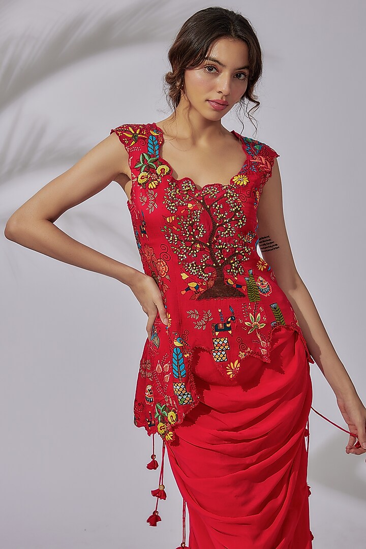 Red Satin & Georgette Skirt Set by PDS by Sneha at Pernia's Pop Up Shop