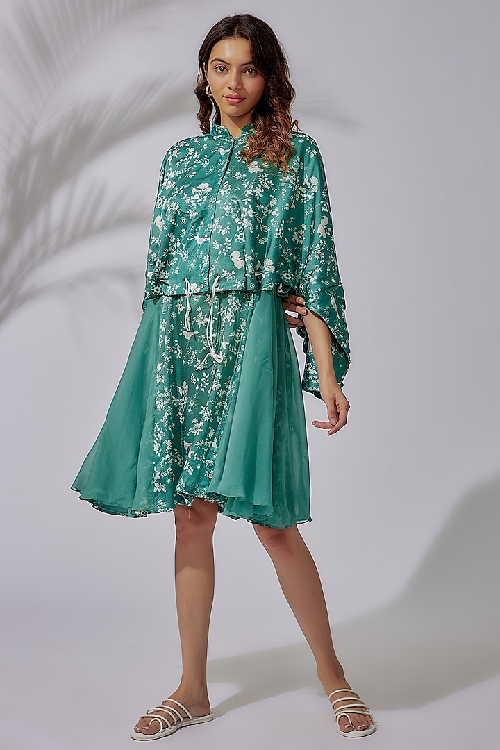 Green Satin & Organza Printed Jacket Dress by PDS by Sneha