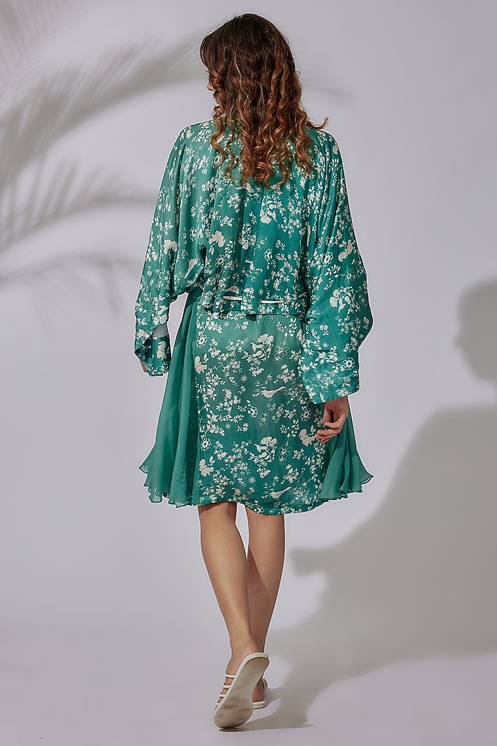 Green Satin & Organza Printed Jacket Vacation Dress by PDS by Sneha at Pernia's Pop Up Shop