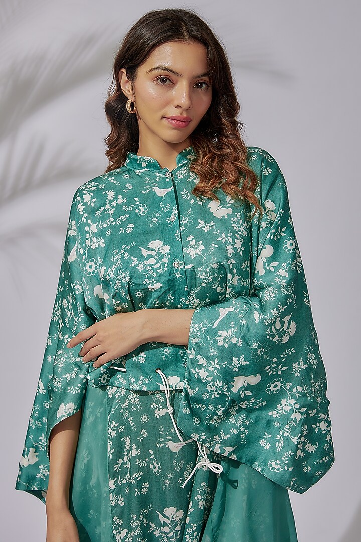 Green Satin & Organza Printed Jacket Vacation Dress by PDS by Sneha at Pernia's Pop Up Shop