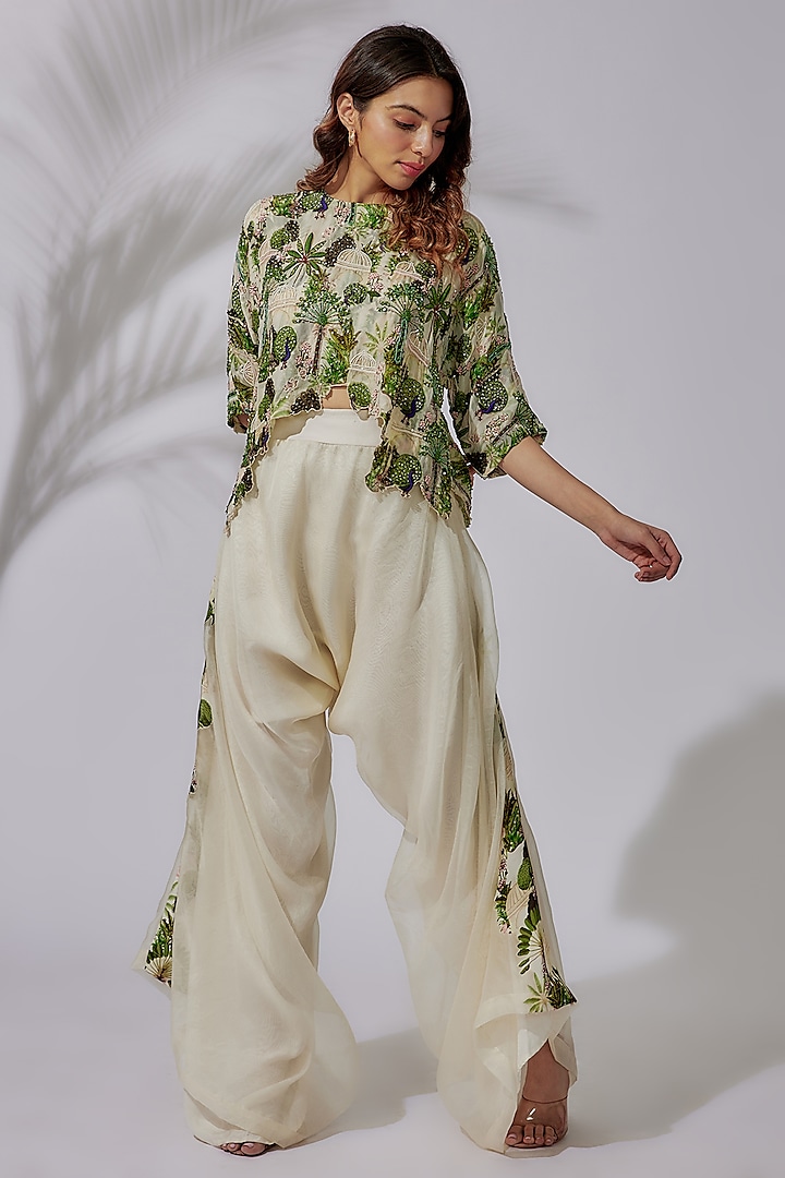 Ivory Organza & Crepe Printed Pant Set by PDS by Sneha