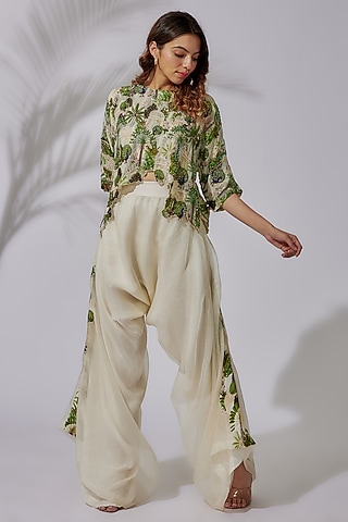 Ivory Organza & Crepe Printed Pant Set by PDS by Sneha