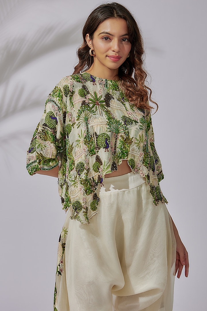 Ivory Organza & Crepe Printed Pant Set by PDS by Sneha at Pernia's Pop Up Shop