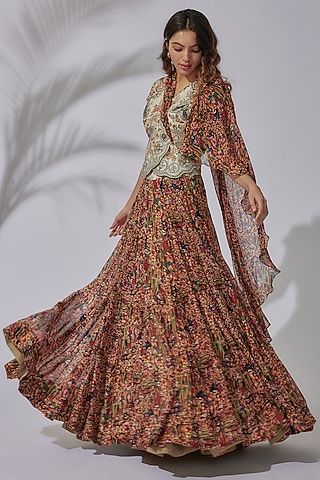 Multi-Colored Organza & Silk Printed Draped Lehenga Set by PDS by Sneha