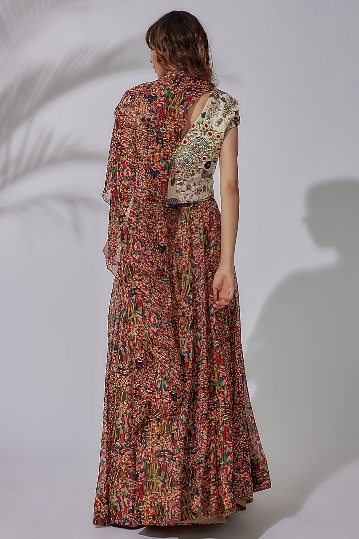 Multi-Colored Organza & Silk Printed Draped Wedding Lehenga Set by PDS by Sneha at Pernia's Pop Up Shop
