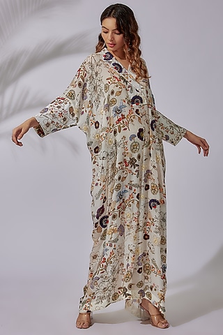 Ivory Crepe Printed & Hand Embroidered Jumpsuit by PDS by Sneha